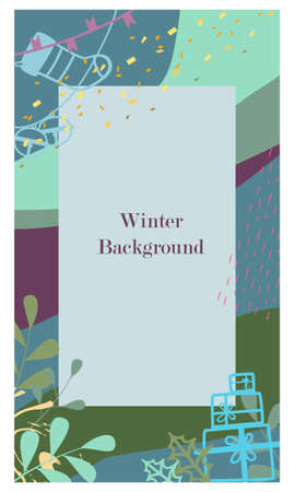Template for social network stories. Vertical background, space for text. Theme of winter, christmas, new year. Abstract ornament, texture, with festive symbols. Gifts, candy cane, glitterのイラスト素材
