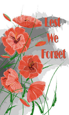 Greeting card with bright poppies - Lest we Forget. Vector poppies are made in style of watercolor drawing. Decorative vector flowers for Memorial Day, Remembrance Dayのイラスト素材