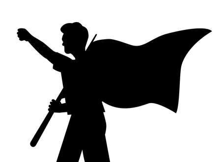 Silhouette of young man holding a flag. Hand with fist raised in protest. Black silhouette of strong male body. Symbol of confrontation, public resistance, revolution, demonstration, human rightsのイラスト素材