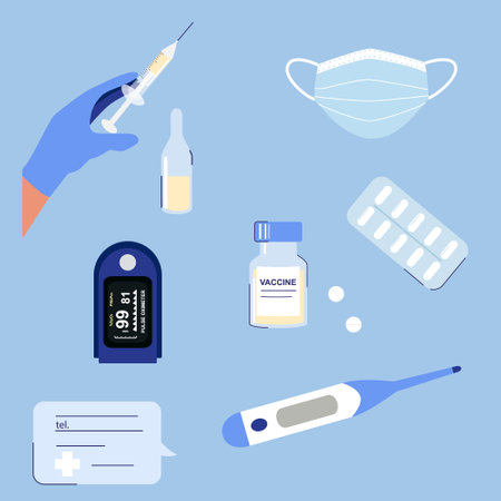 Medical set of vector elements. Vaccination concept. Gloved hand with syringe, ampoule of medicine,...