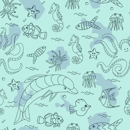 Seamless pattern on marine theme. Underwater inhabitants. Fish, dolphin, octopus, crab, seahorse, jellyfish. Linear drawing. Blue background with ocean animals. Vector illustration. Outline doodleのイラスト素材
