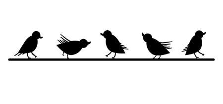 Group of birds is sitting on wire. Five cartoon chicks in line. Poster, banner, print with black silhouettes of cute birds. Outline contour drawing. Birds chatter on cable. Vector illustrationのイラスト素材