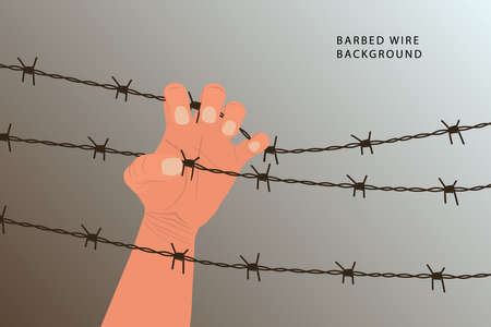 The hand squeezes the barbed wire. Silhouette of a hand and a barbed wire. Concept of loss of freedom, immigration, imprisonment, global human conflict. Poster, banner with place for text. Vectorのイラスト素材