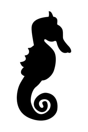 Black silhouette of a seahorse isolated on a white background. Contour drawing of a marine underwater animal, fish. Sea horse icon, sign. Side view. Vector illustration, flat designのイラスト素材
