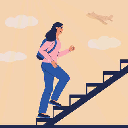 Girl in blue jeans and backpack climbs up the ladder. Background with clouds and airplane. Woman goes on journey. Smile, hope for happy future, metaphor illustration. Vector cartoon characterのイラスト素材