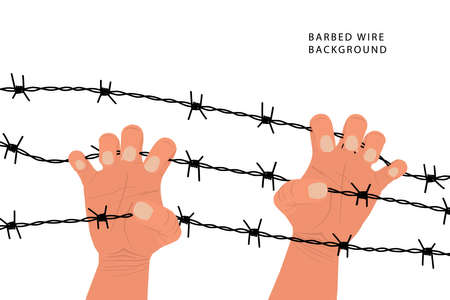 Two hands and barbed wire fence. Immigration concept, detention camp, concentration camp, restricted area. Resistance, fight against injustice. Vector illustration. Prison, violence symbolのイラスト素材