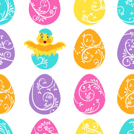 Seamless pattern. Multicolor eggs on white background. Broken egg and little chicken. Bright design for Easter holiday, wrapping paper, cards, eco products.のイラスト素材