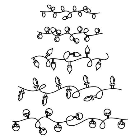 Garland with bulbs in row. Set of Christmas garlands with lights of different shapes. Lightbulbs hand drawn style. Black outline drawing. Vector doodle illustration. Xmas design element Lamp threadのイラスト素材