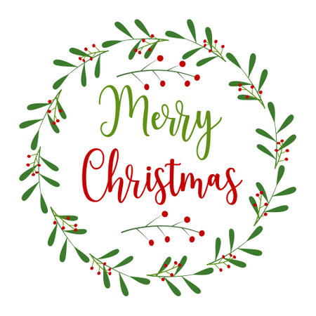 Festive round wreath with text Merry Christmas. Frame with branches, leaves, berries, lettering. Floral xmas greetings. Vector illustration isolated on white background. Winter circleのイラスト素材