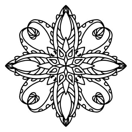 Mandala,  circular ornament. Repeating pattern in circle. Black outline drawing. Design element, coloring book, tattoo. Flower, floral theme. Vector illustration isolated on whiteのイラスト素材