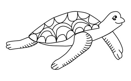 Turtle. Linear simple drawing. side view. cute cartoon characters. marine animal outline. Vector doodle illustration isolated on white background. Children's coloring for the little ones.のイラスト素材