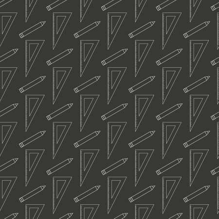 School seamless pattern with study symbols. Black background with line drawings. Pencil and ruler icons. Vector illustration, background with stationery. Digital wrapping paper, back to schoolのイラスト素材