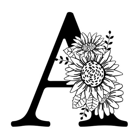 Capital letter A with bouquet of flowers. Monogram A with sunflowers. Hand drawn name logo, family logotype, t-shirt print, name tumbler. Floral vector illustration isolated on white background.のイラスト素材