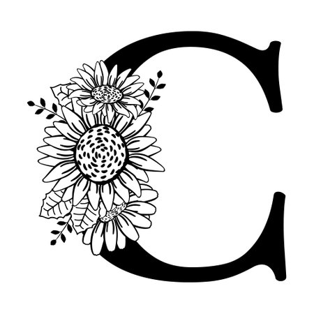 Capital letter C with flowers. Monogram, signature, title, screen caption. black outline drawing. Vector illustration isolated on white background. Family logo, sign. Floral design, name initials.のイラスト素材