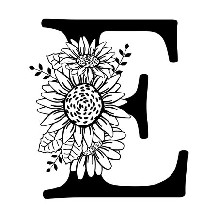 Capital letter E with flowers. Monogram, signature, title, screen caption. black outline drawing. Vector illustration isolated on white background. Family logo, sign. Floral design, name initials.のイラスト素材