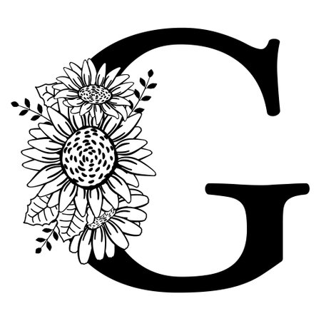 Capital letter G with flowers. Monogram, signature, title, screen caption. black outline drawing. Vector illustration isolated on white background. Family logo, sign. Floral design, name initials.のイラスト素材