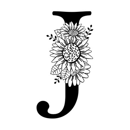 Monogram letter J. Floral letter design with flowers sunflowers, branches, leaves. Black silhouette, doodle style. Vector illustration isolated on white background. Name tag, family logo, signのイラスト素材