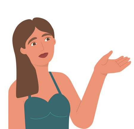 A beautiful young woman raised her hand palm up. Template with a girl to insert any of your subject, design. Empty blank with hand. Avatar, portrait for social networks. isolated vector illustrationのイラスト素材
