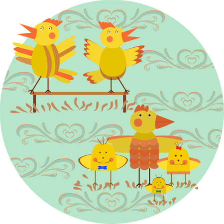 Card: Roosters on the bench. Funny characters for the holiday Easter, family day, childrens stories.のイラスト素材