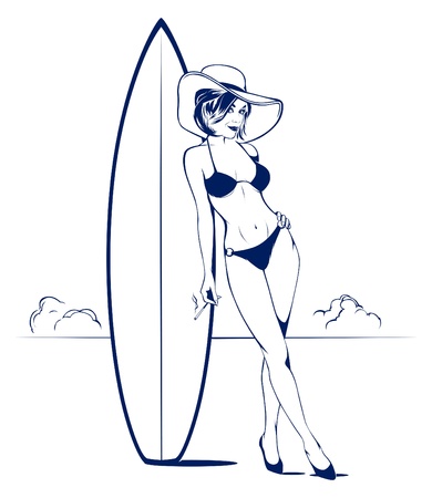 bikini girl on the beach with surfboad hat and cigaretteのイラスト素材