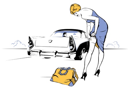 beautiful young woman stop retro car in the road のイラスト素材