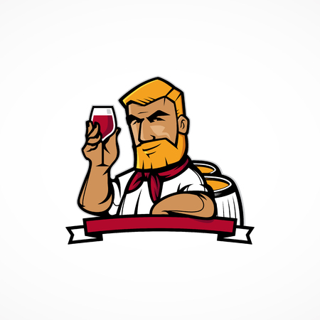 A wine maker holding a glass of wine inspecting from barrel. A contemporary cartoon style. Vector fully editable illustration.のイラスト素材