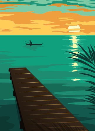 landscape with the silhouette of fishermen in a boat at sunset. vector illustrationのイラスト素材