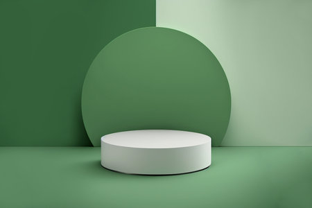white round podium on green color backgroundの写真素材