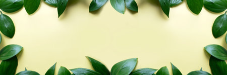 natural fresh leaf frame on yellow backgroundの写真素材