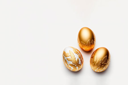 Three easter eggs decorated with gold on white background. Flat lay, top view, copy space.の写真素材