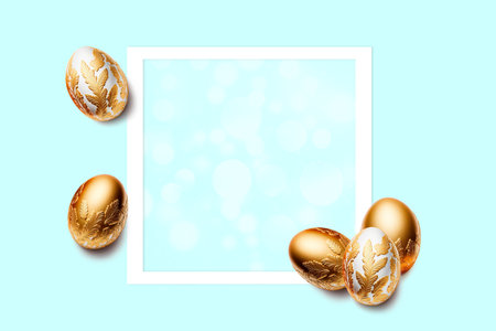 Frame and five easter eggs decorated with gold on green background. Flat lay, top view, copy space.の写真素材