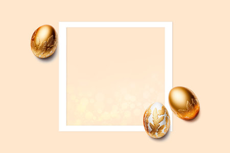 Frame and three easter eggs decorated with gold on pink background. Flat lay, top view, copy space.の写真素材