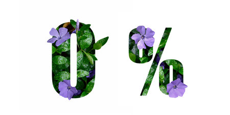 Creative number 0 zero and sign percent concept made of fresh flowers with raindrops.