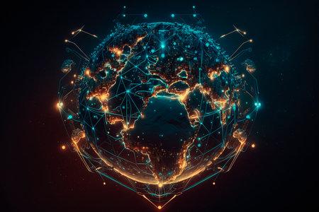 Planet from future. Global world network and telecommunication on earth cryptocurrency and blockchainの写真素材