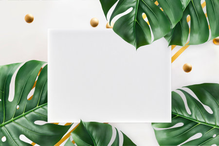 Empty white paper mockup, tropical palm leaves Monstera on white background, flat lay, top viewの写真素材