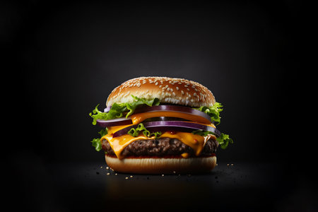 Close-up of delicious fresh home made hamburger lettuce, cheese, onion and tomato on a black backgroundの素材