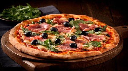 Fresh italian classic original Ham Pizza with olives. Generative aiの素材