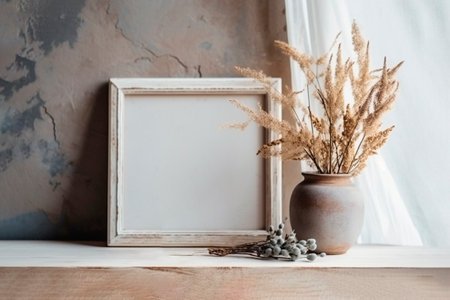 Frame and poster mock up in living room with white vase. Scandinavian interior. Generative aiの素材
