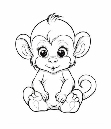 Monkey black and white outline illustration. Coloring book for kids. Generative aiの素材