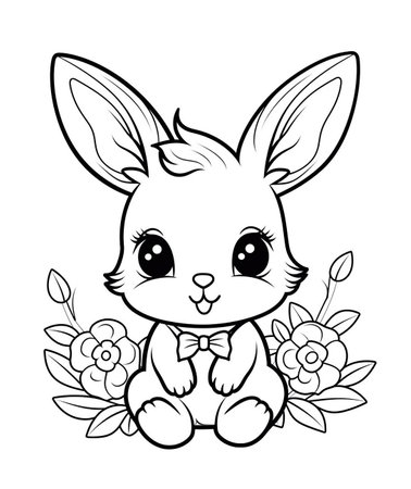 Bunny black and white outline illustration. Coloring book for kids. Generative aiの素材
