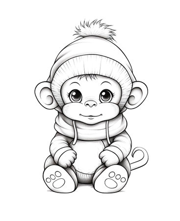 Monkey black and white outline illustration. Coloring book for kids. Generative aiの素材