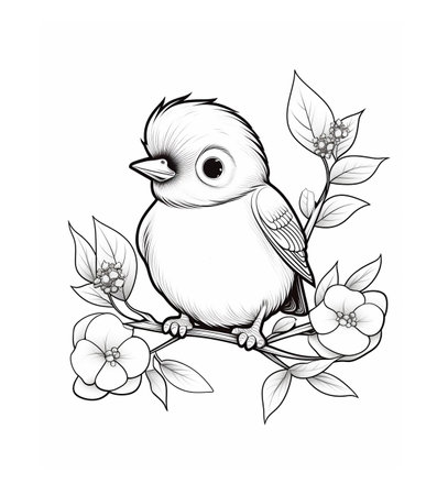 Bird black and white outline illustration. Coloring book for kids. Generative aiの素材
