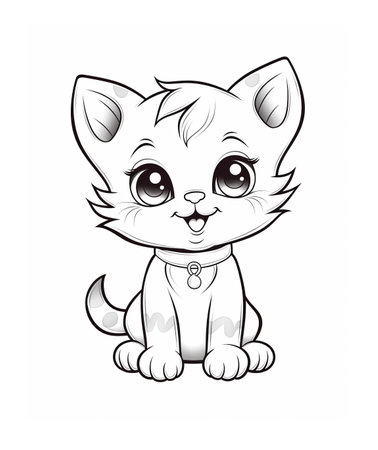 Kitty black and white outline illustration. Coloring book for kids. Generative aiの素材
