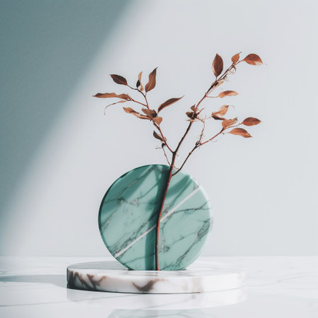 white round marble podium with branch on mint color background. Generative aiの素材
