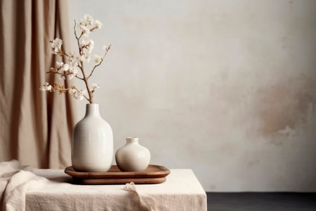 vase with dry grass on an old wooden tray, table. Scandinavian interior. Empty white wall, copy space. Generative aiの素材