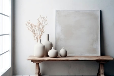 Frame and poster mock up in living room with clay vase. Scandinavian interior. Generative aiの素材