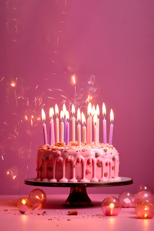 Pink birthday cake with many pink birthday candles on pink background with copy space. Generative aiの素材