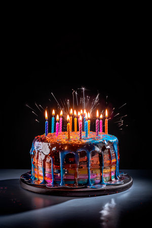 Colorful futuristic Birthday cake with candles on black background with copy space. Generative aiの素材
