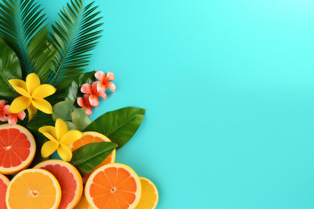 Summer background with orange and tropical leaves and flowers on mint background. Generative aiの素材