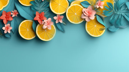 Summer background with orange and tropical leaves and flowers on blue background. Generative aiの素材